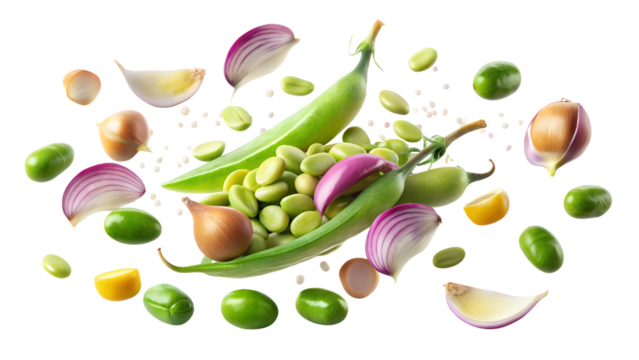 Fresh broad beans, garlic, and red onion floating in the air isolated on transparent background, a vibrant and healthy ingredient composition for cooking