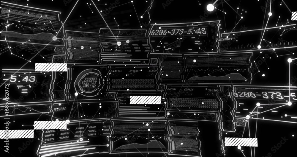 Poster displaying abstract network floating in dark virtual space, with glowing nodes and data panels