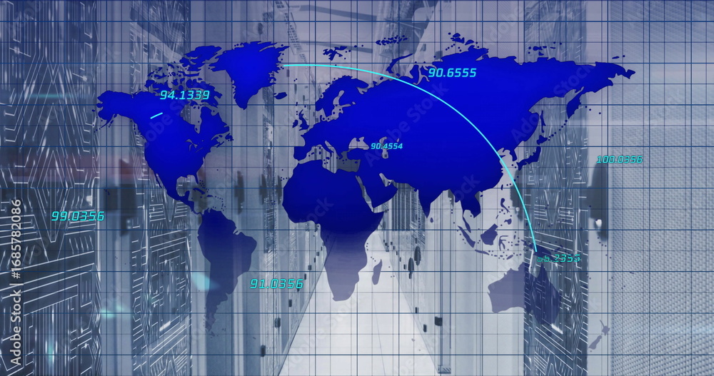 Poster Displaying large blue world map overlaying data center, featuring server racks and data flow arcs