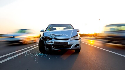 Obraz premium Damaged car on highway after collision in daylight