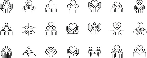 Charity support icons set, family care, love symbols, community help, giving hands, friendship, compassion, volunteer aid, healthcare, donation vector