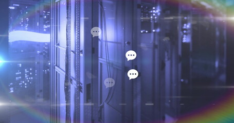 Glowing racks featuring cables, floating chat bubbles, digital overlays in server room, copy space