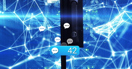 Floating blue notification bubble presenting 42 over data center server cabinet, with chat bubbles