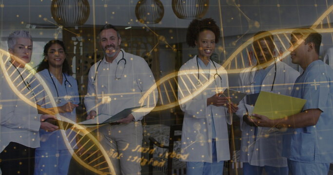Standing medical team with stethoscopes studying DNA in hospital lounge, with DNA helix overlay