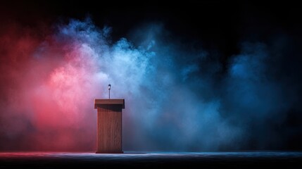 A wooden podium stands center stage, illuminated by dramatic lighting. Blue and red smoke billows around it, creating an atmospheric and captivating scene. A single microphone is.
