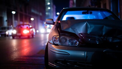 Nighttime street collision with damaged vehicle and flashing emergency lights