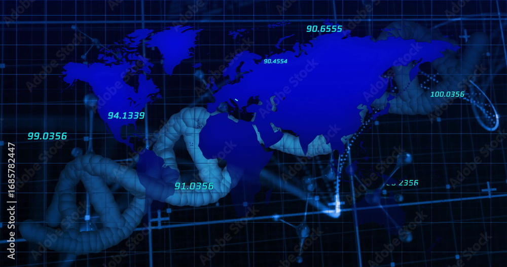 Poster Displaying bright-blue world map glowing in cyberspace environment with 3D helix and numeric labels
