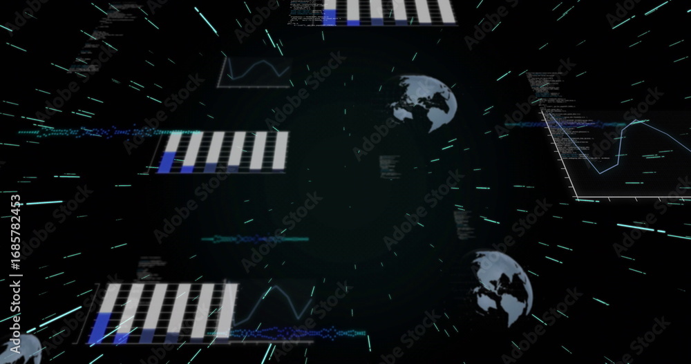 Poster visualizing streams in net, with rotating earth globes, charts, graphs, code snippets, neon streaks