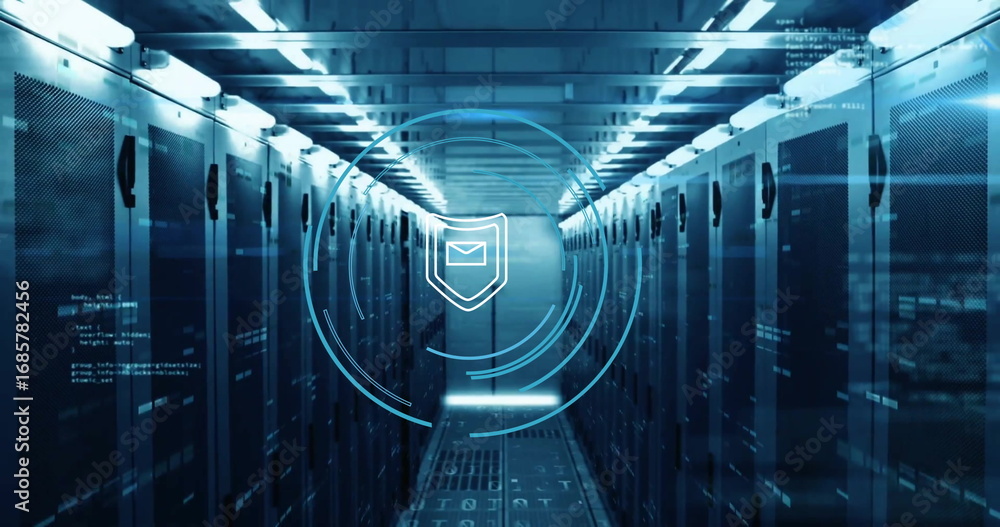 Aufkleber displaying digital security shield overlaying data center aisle with server racks, network cables