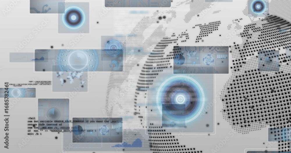 Fototapete floating panels in virtual interface, displaying hud circles, code snippets and dotted world map