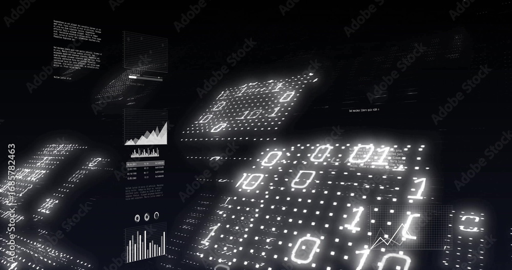 Poster displaying central rectangular digital data panel in cyberspace, with binary grids and line graphs