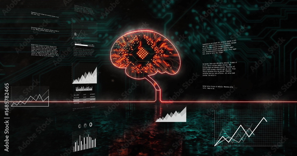 Poster displaying neon-red circuit-brain icon in digital platform, with red line, charts and code