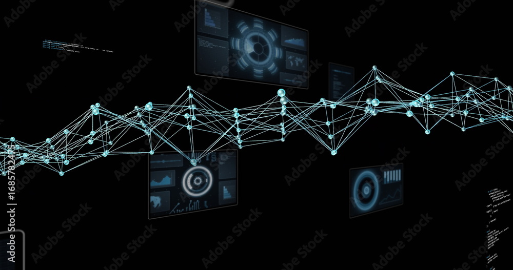 Aufkleber floating network of glowing nodes and connecting lines in digital interface, showing data panels