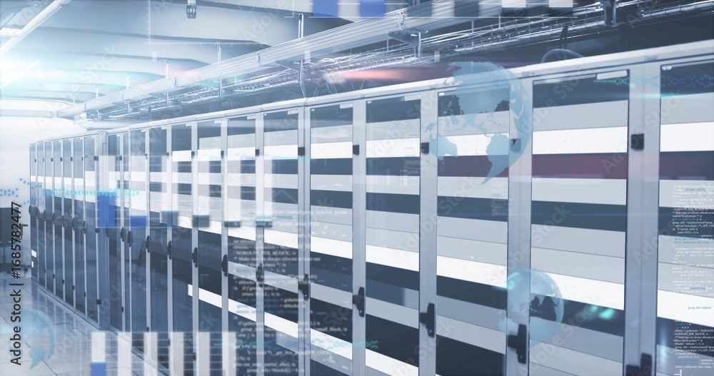 Aufkleber extending row of server cabinets filling data center aisle, with digital code and globe overlays