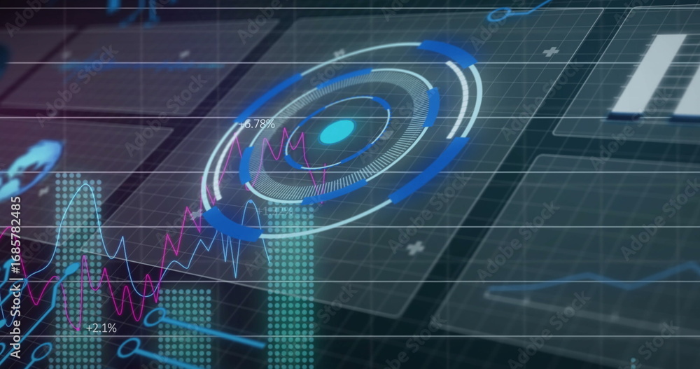 Poster displaying futuristic hud with concentric rings, dot in dark grid space, bar charts and line graphs