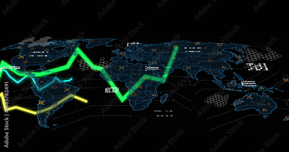 Poster displaying blue world map on dashboard interface, with neon trend lines and hexagon overlays
