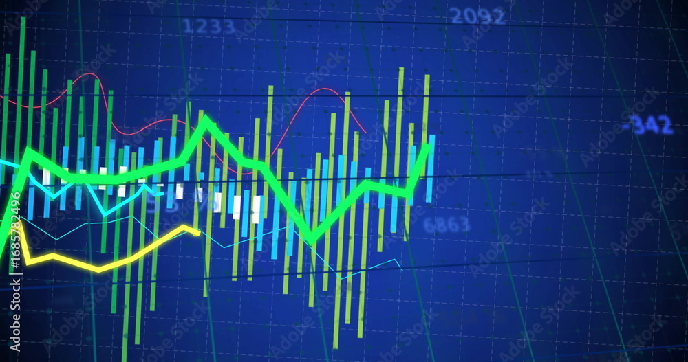 Aufkleber displaying composite financial visualization on trading display, with colored bars and neon lines