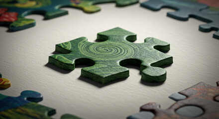 Green puzzle piece with swirling design stands out amidst colorful, scattered pieces, symbolizing uniqueness and discovery.