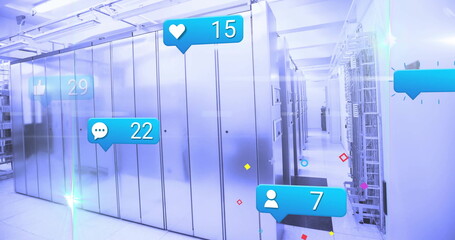 Displaying server cabinets shining under LED lights in data center corridor, with engagement icons