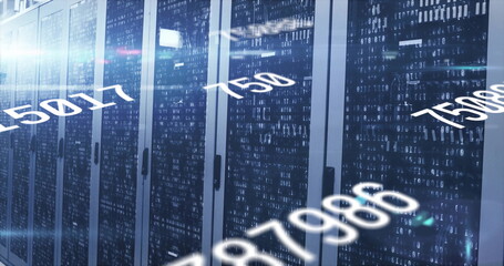 Streaming data overlays crossing data center aisle with server cabinets glass doors blinking LEDs
