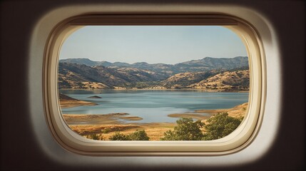 Fototapeta premium Scenic lake and mountain landscape framed by a window, showcasing a peaceful and expansive vista under a clear sky, inviting exploration and calm.