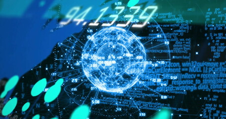 Glowing wireframe globe rotating in 3D dashboard, with numeric labels, code and teal overlays
