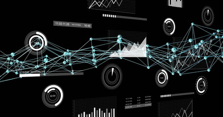 Displaying data network with glowing nodes and lines on digital dashboard, with gauge widgets