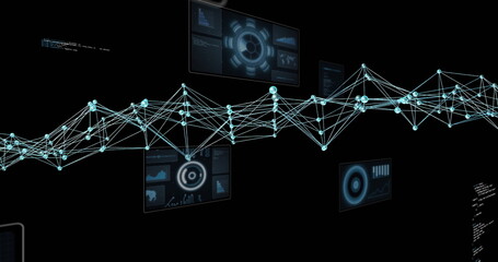 Floating network of glowing nodes and connecting lines in digital interface, showing data panels