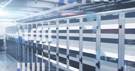 Obraz premium Extending row of server cabinets filling data center aisle, with digital code and globe overlays
