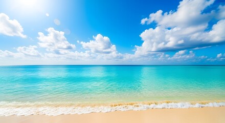 Obraz premium A pristine tropical beach with crystal clear turquoise water and white sand under a bright blue sky with fluffy clouds and bright sunshine