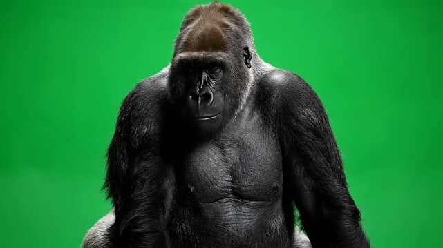 Medium shot of a majestic silverback gorilla sitting calmly in front of a vibrant green screen