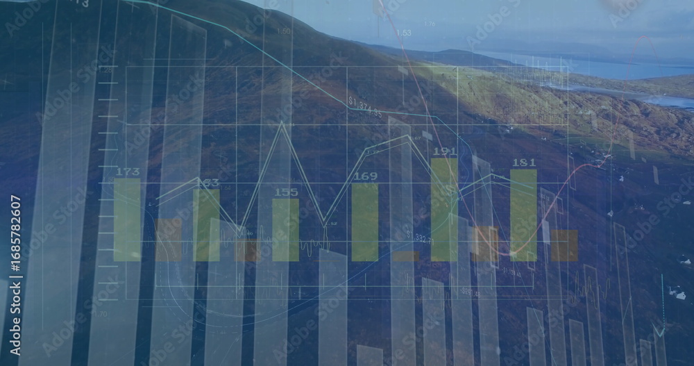 Poster displaying translucent graph overlay on coastal hillside, with bar charts line graph gridlines