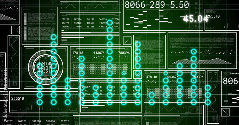 Poster displaying neon-blue circular nodes forming columns on futuristic interface, with white data panels
