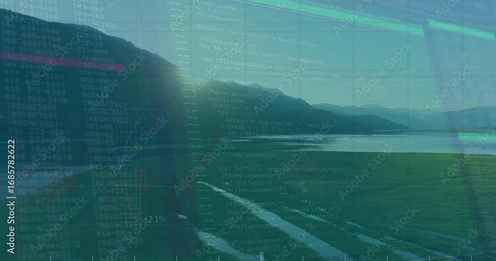 Poster displaying code interface overlaid on lakeside at dawn with code text and line graph showing +2
