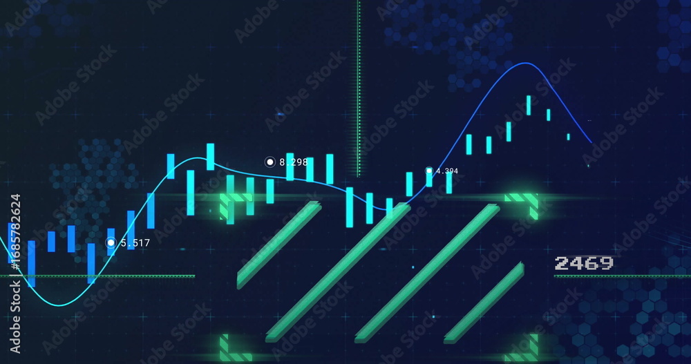 Poster showing chart with candlestick bars, line graph, labels on screen, hex grid overlay, diagonal bars