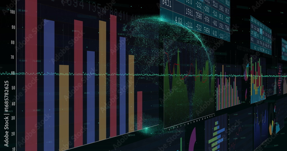 Aufkleber displaying analytics dashboard in control room, with bar charts, line graphs and holographic globe