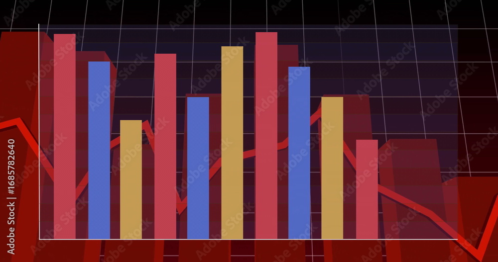 Poster displaying grouped bar chart on dark grid with white gridlines, colored bars and red line graph