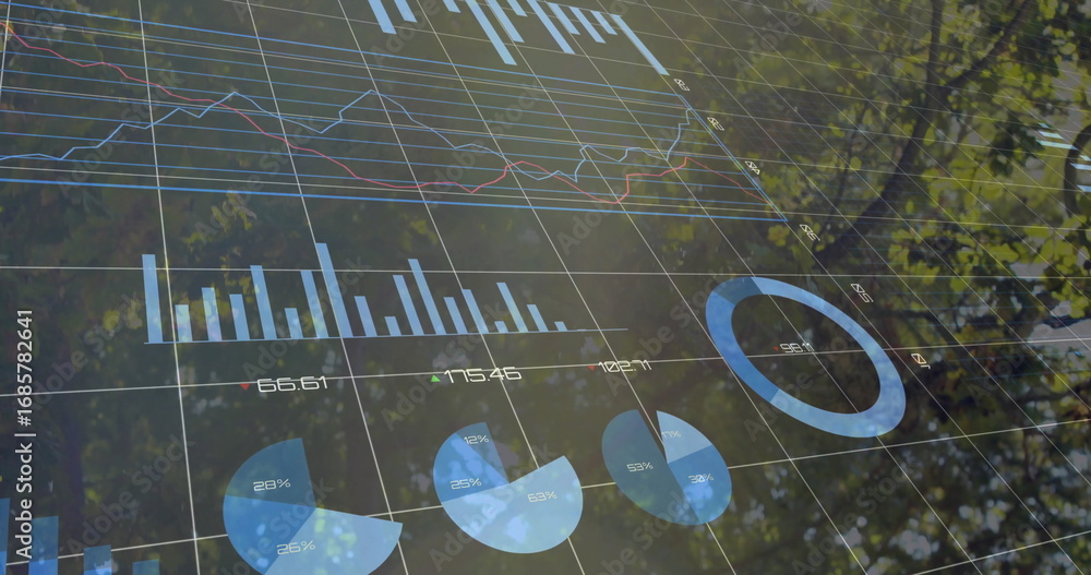 Poster displaying bar and line charts, pie charts and blue donut chart under tree canopy, copy space