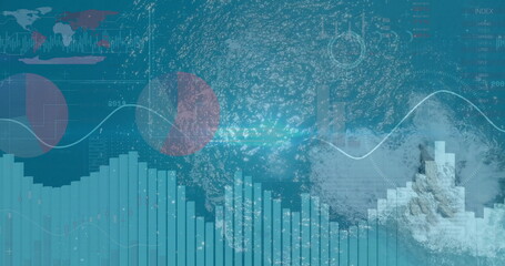 Displaying jetty with breaking waves being overlaid by data visualizations at sea, copy space