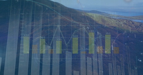 Displaying translucent graph overlay on coastal hillside, with bar charts line graph gridlines