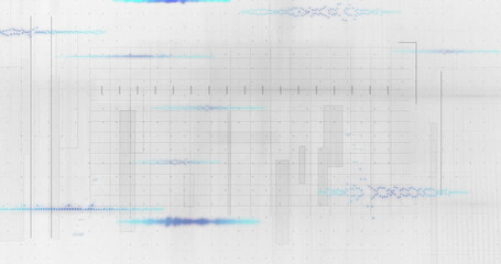 Displaying grey schematic grid across digital interface, with cyan violet waveform segments