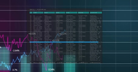 Displaying transparent data table overlaying screen, tracing line graphs and turquoise dot clusters