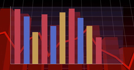 Fototapeta premium Displaying grouped bar chart on dark grid with white gridlines, colored bars and red line graph