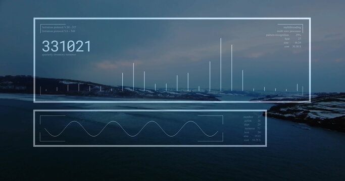 Displaying data panels over rocky coastline at dusk, showing numeric readout, bar graphs waveform - Powered by Adobe