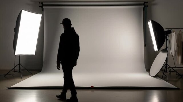 Silhouette in studio walking toward backdrop with lights