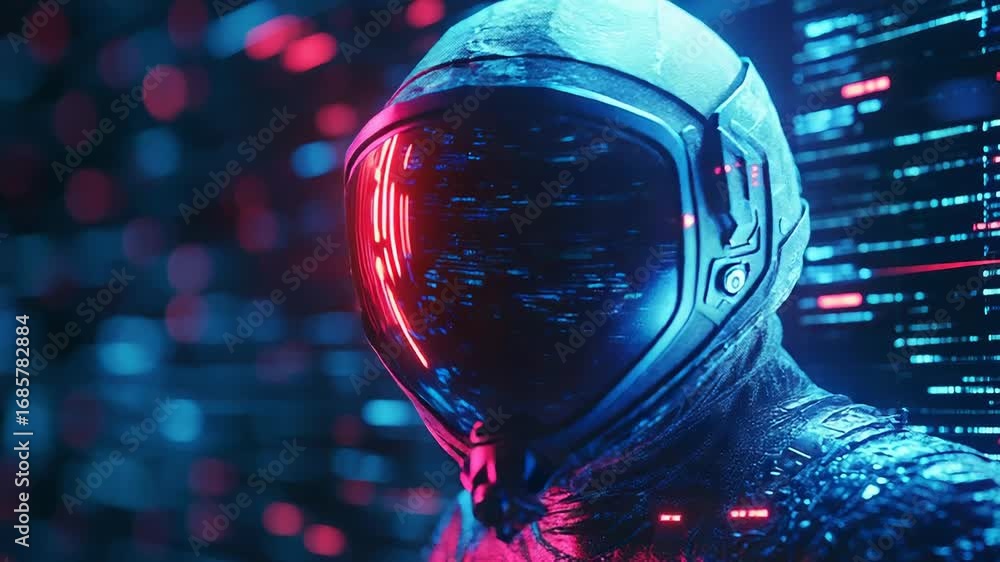 Poster astronaut wearing futuristic helmet exploring virtual reality with code and data analysis