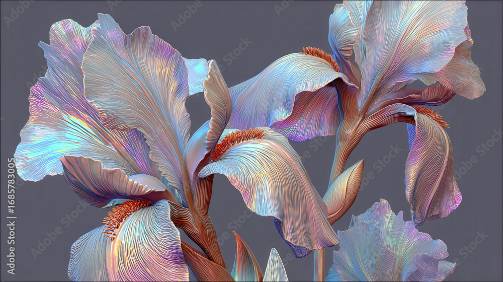 Poster two purple flowers with a metallic sheen. the flowers are arranged in a way that they appear to be i