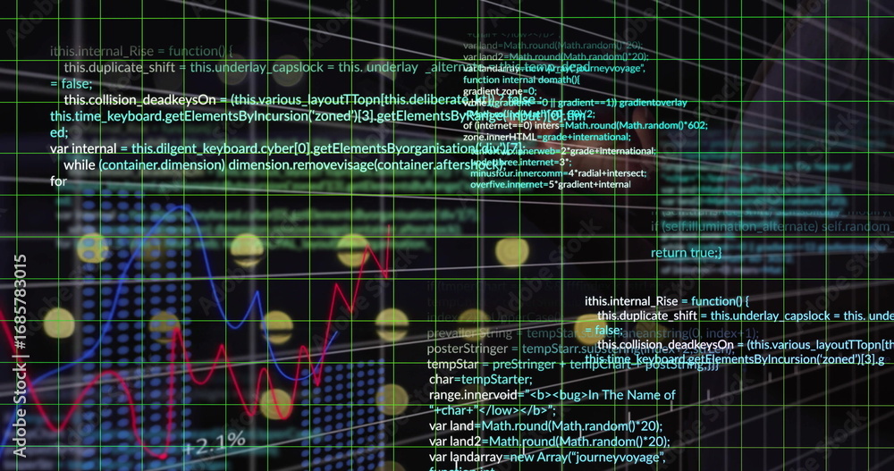 Aufkleber displaying data visualization and code on screen, showing green grid, yellow nodes and line graph