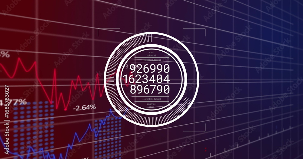 Poster displaying white infographic showing numeric values on screen with red and blue charts, grid lines