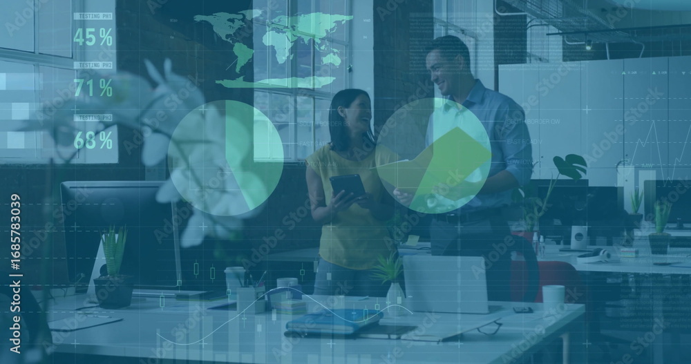Poster discussing two coworkers reviewing reports and tablet at office desk, with floating data graphics